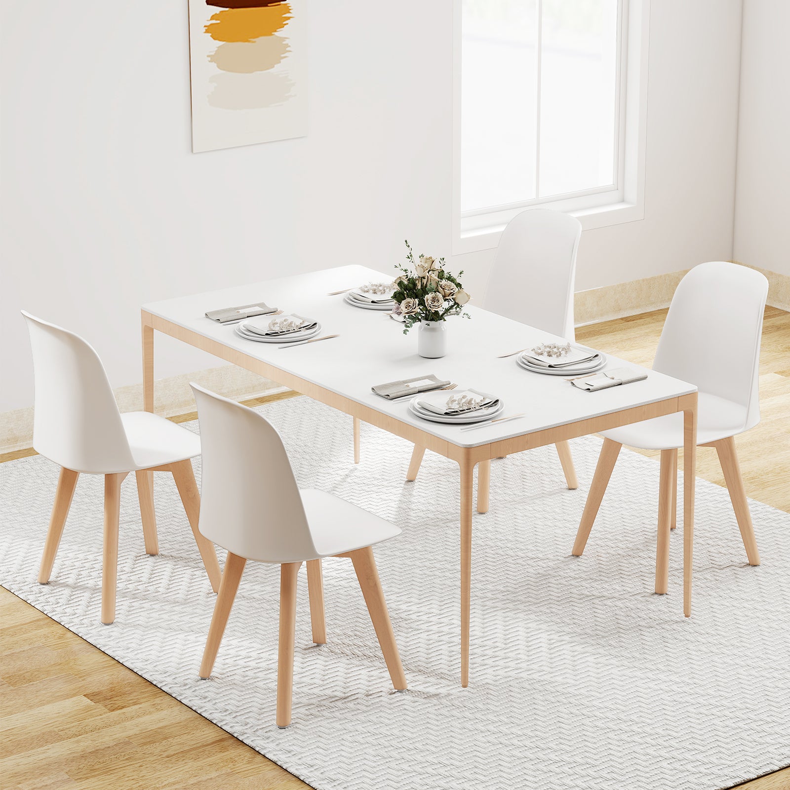 Modern Dining Chair Set of 2 with Solid Beech Wood Legs and Tilt Backrest-White