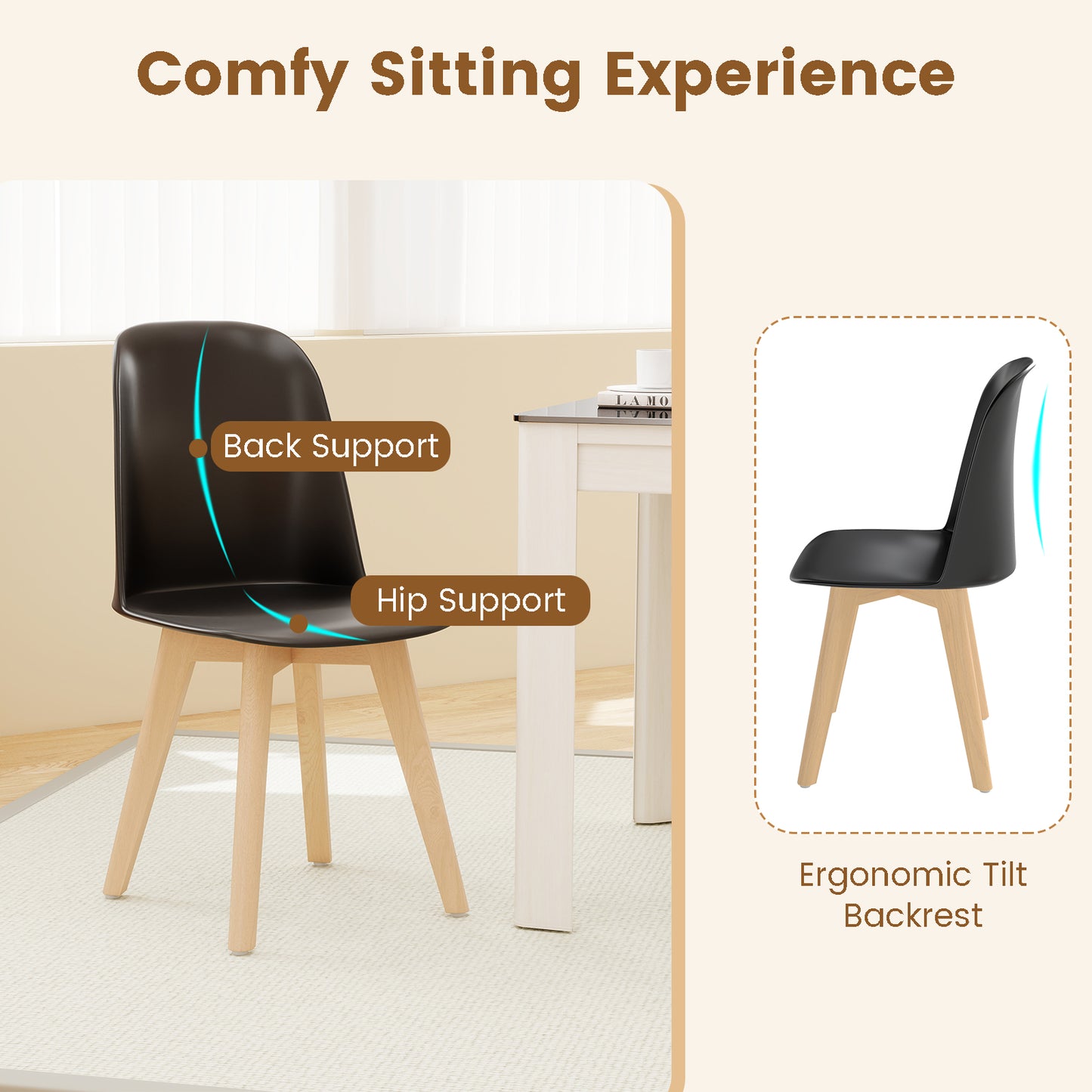Modern Dining Chair Set of 2 with Solid Beech Wood Legs and Tilt Backrest-Black