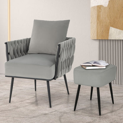 Modern Dutch Velvet Accent Chair and Ottoman Set with Weaved Back and Arms