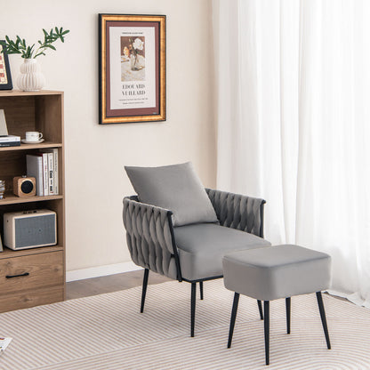 Modern Dutch Velvet Accent Chair and Ottoman Set with Weaved Back and Arms