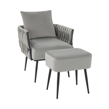 Modern Dutch Velvet Accent Chair and Ottoman Set with Weaved Back and Arms