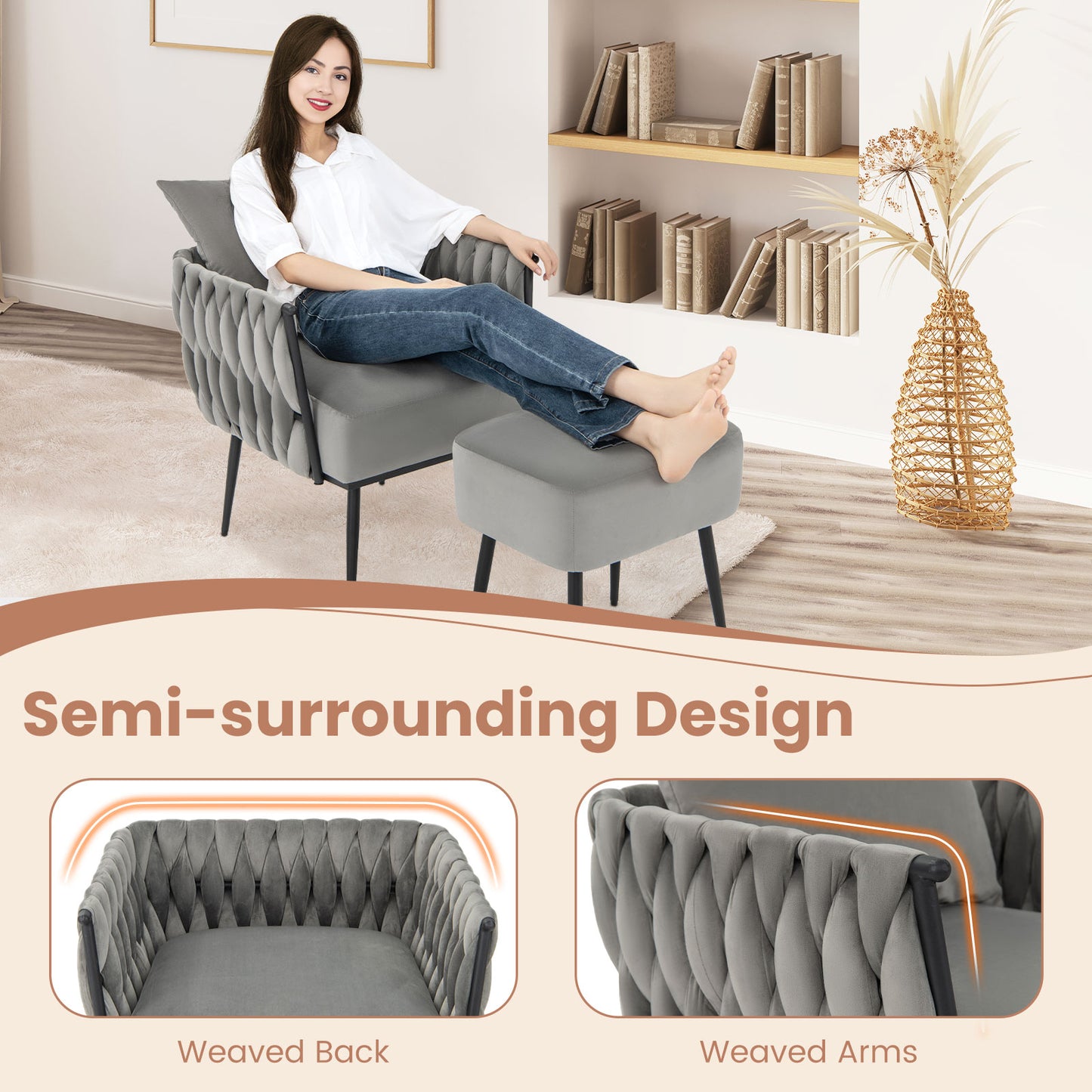 Modern Dutch Velvet Accent Chair and Ottoman Set with Weaved Back and Arms