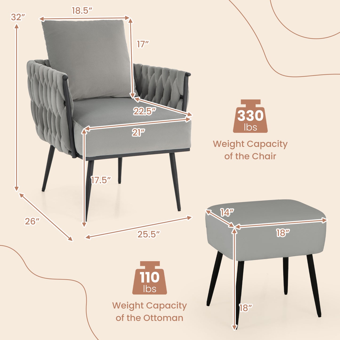 Modern Dutch Velvet Accent Chair and Ottoman Set with Weaved Back and Arms