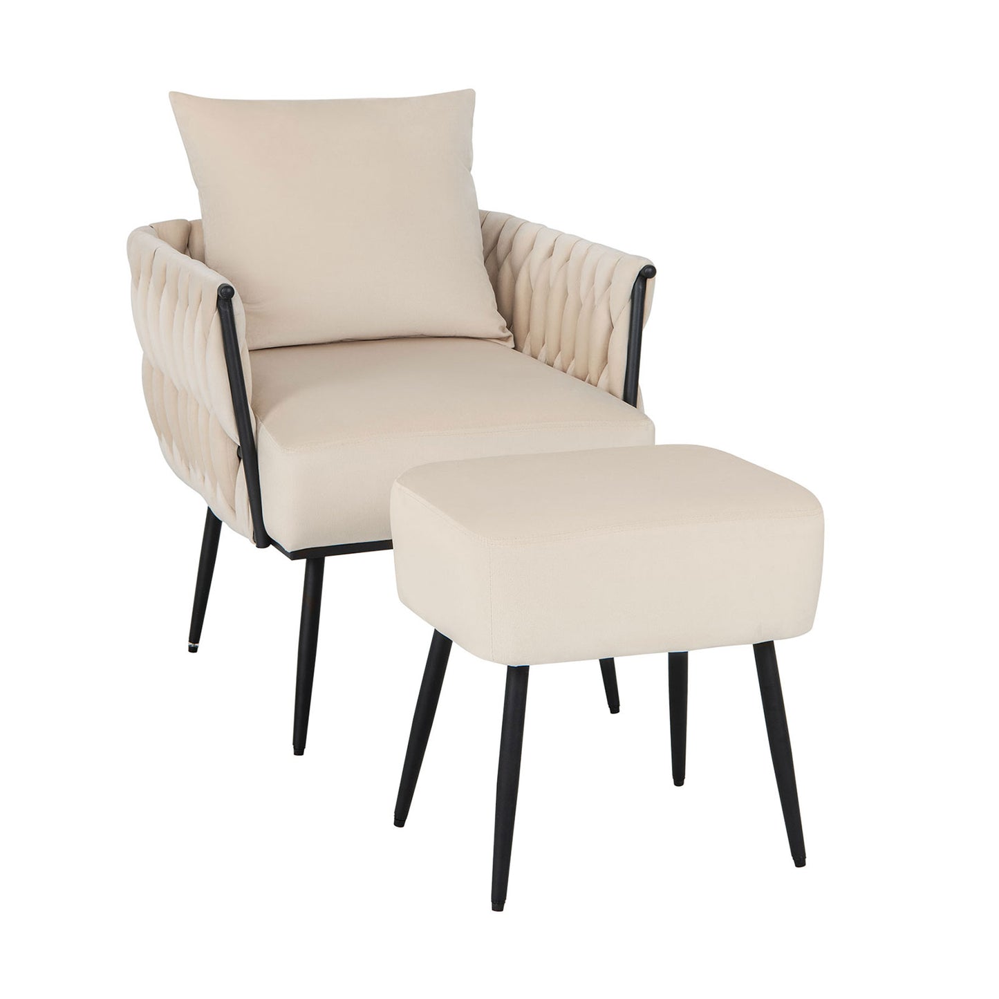 Modern Dutch Velvet Accent Chair and Ottoman Set with Weaved Back and Arms-White - White