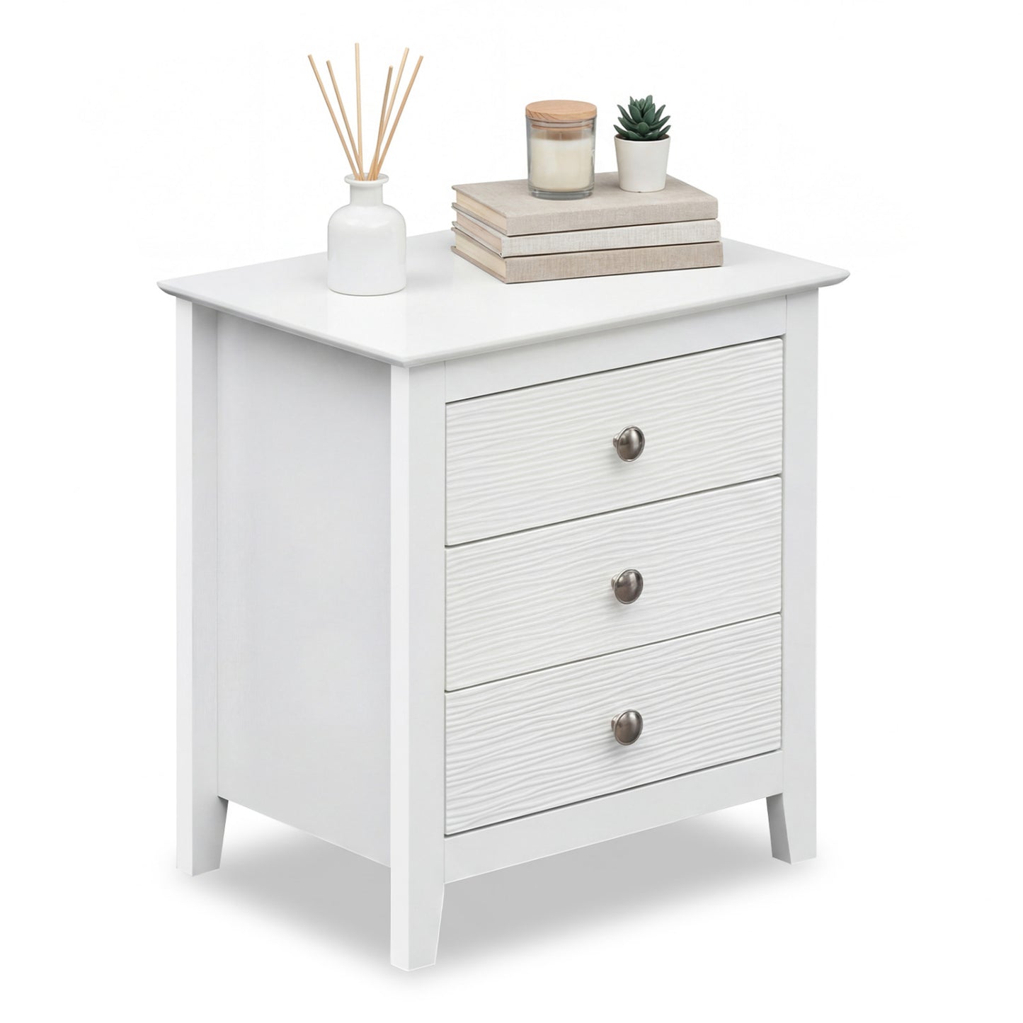 Modern Farmhouse 3-Drawer NightStand with Wood Grain Accents and Sleek Knobs