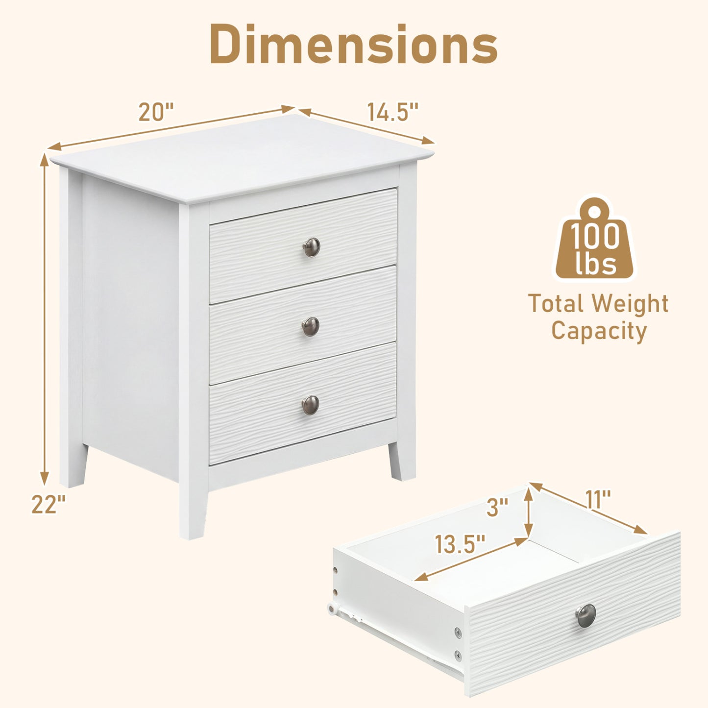 Modern Farmhouse 3-Drawer NightStand with Wood Grain Accents and Sleek Knobs