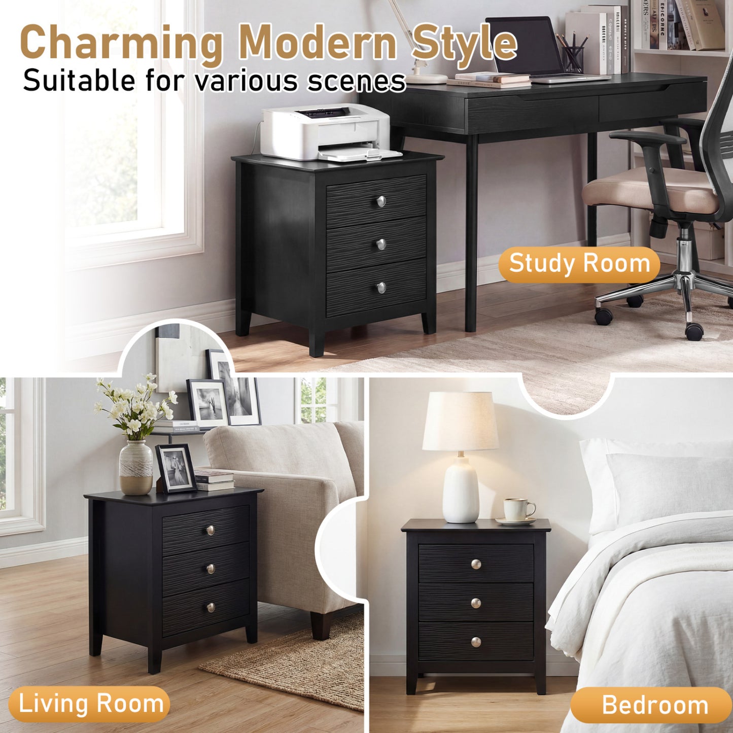 Modern Farmhouse 3-Drawer NightStand with Wood Grain Accents and Sleek Knobs