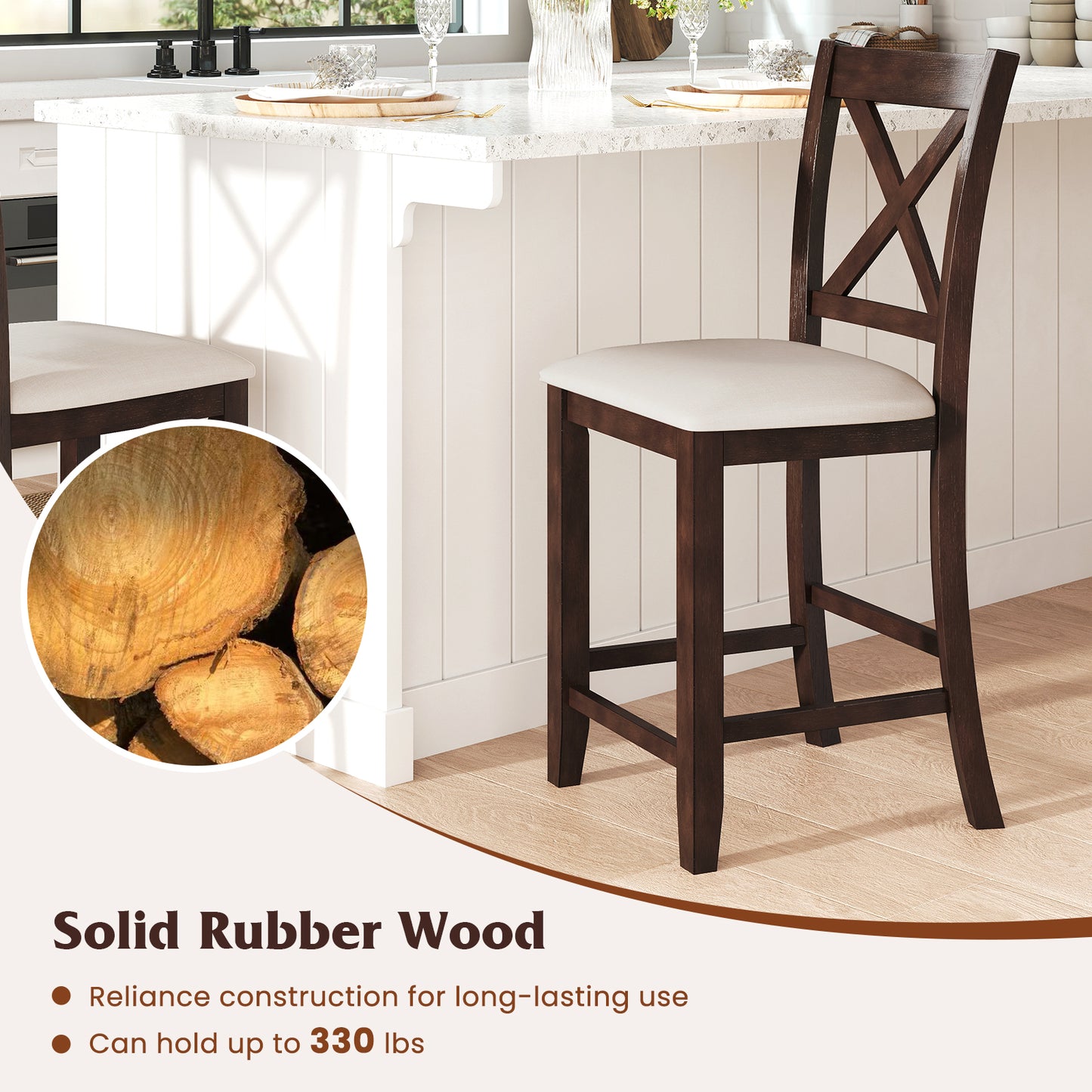 Modern Farmhouse Counter Height Stools with Footrest and Cushion-Walnut