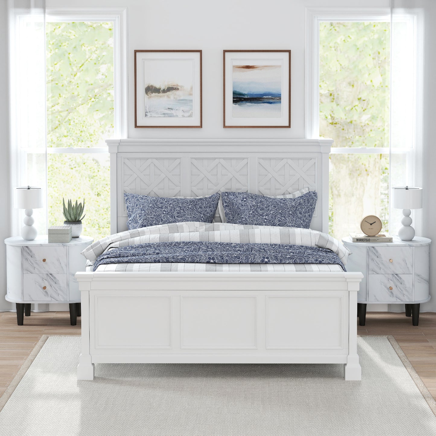 2-Drawer Nightstand Modern Faux Marble Bedside Table with Storage-White