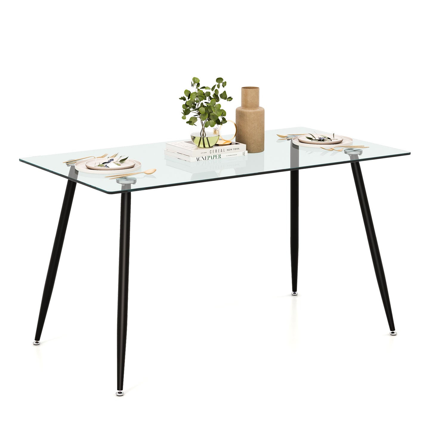 Modern Glass Rectangular Dining Table with Metal Legs-Natural - Black