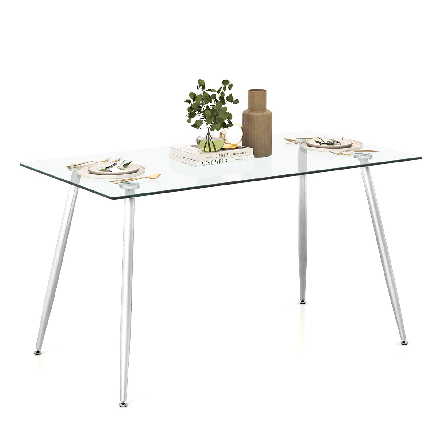 Modern Glass Rectangular Dining Table with Metal Legs-Natural - Silver