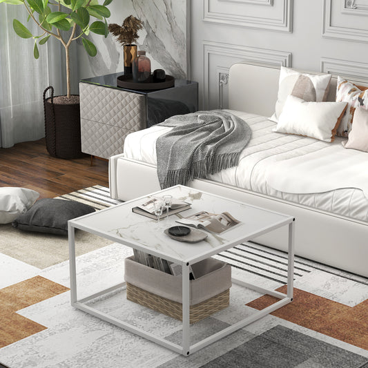 Modern Glass Square Coffee Table with Metal Frame for Living Room