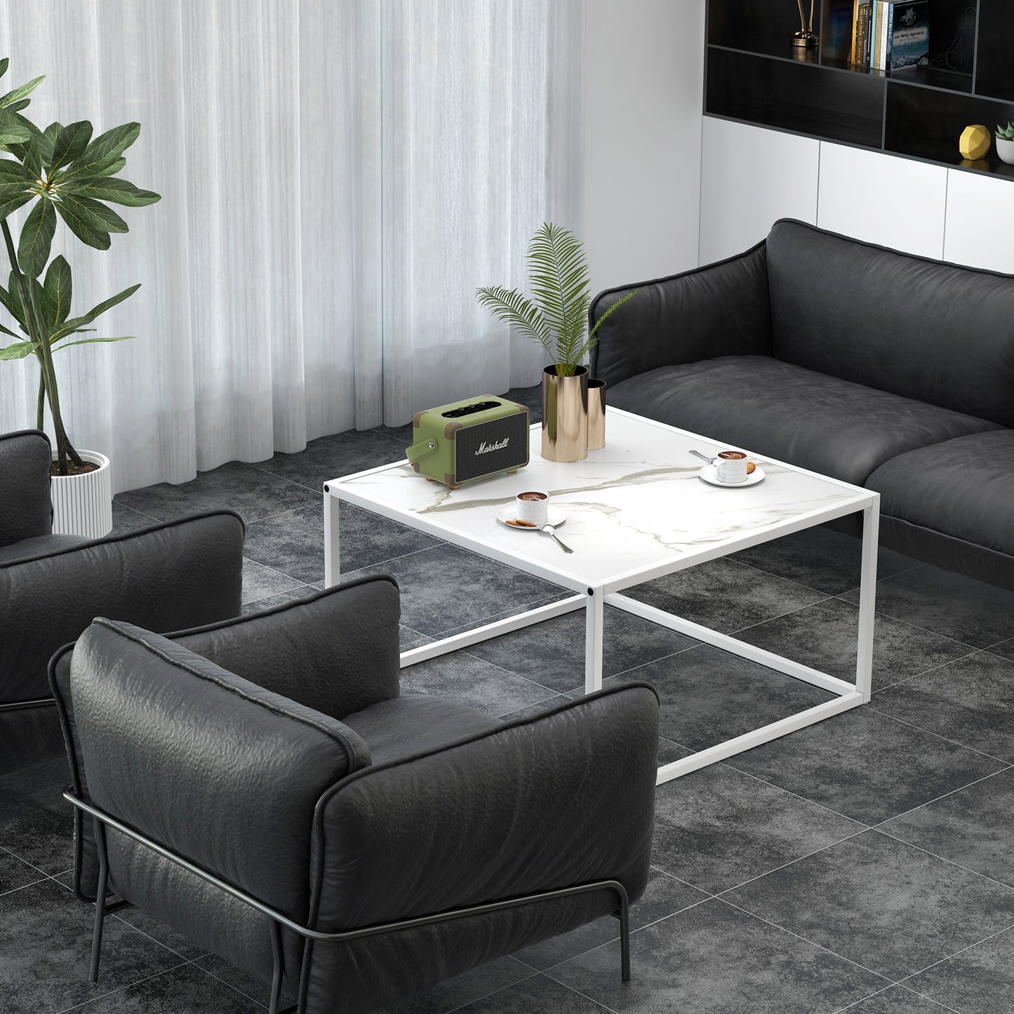 Modern Glass Square Coffee Table with Metal Frame for Living Room