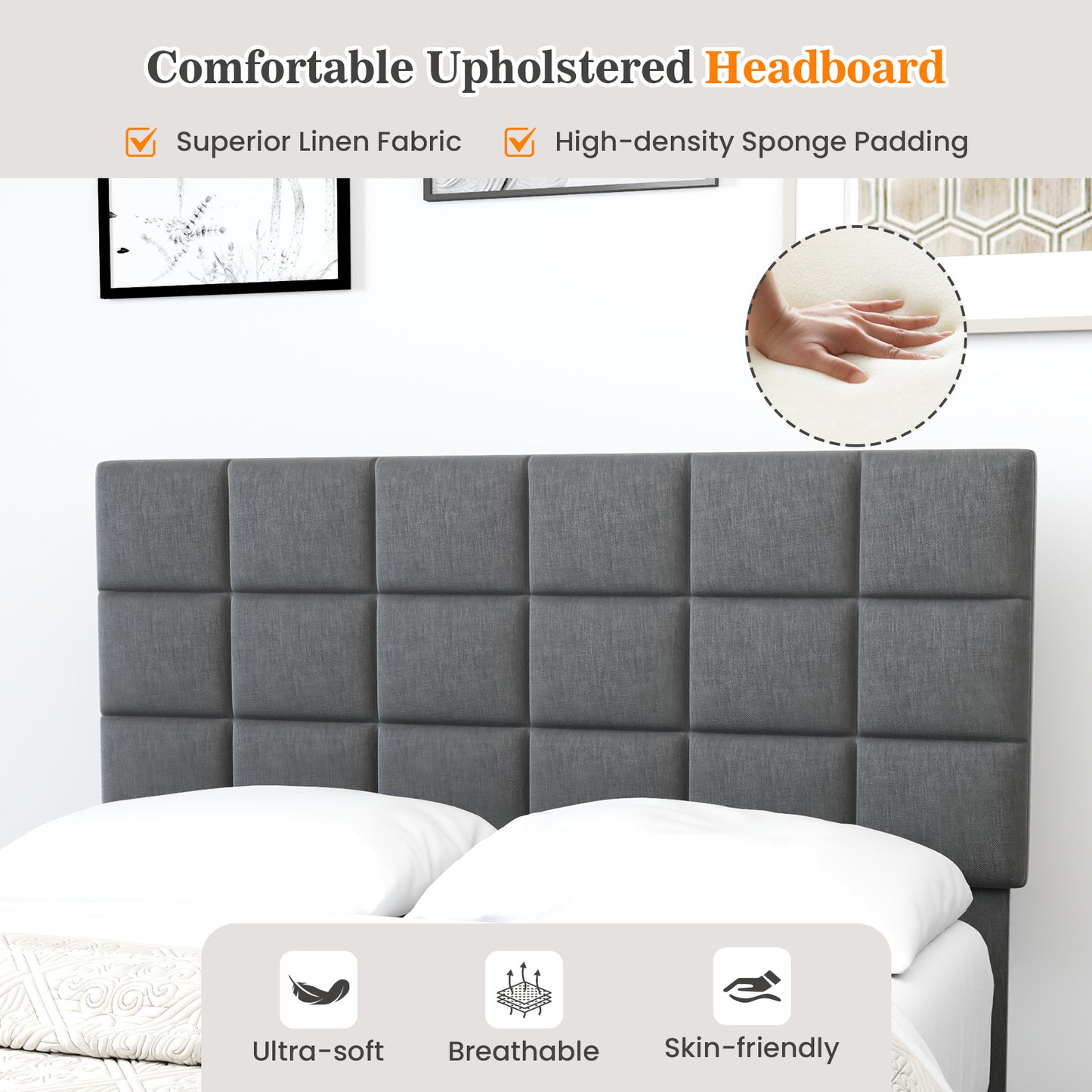 Full Size Modern Linen Bed Frame with Adjustable Headboard-Gray