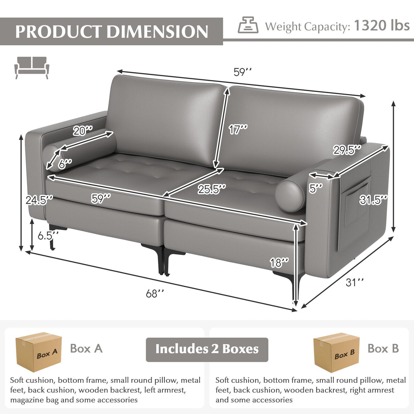 Modern Loveseat Sofa with 2 Bolsters and Side Storage Pocket-Light Gray