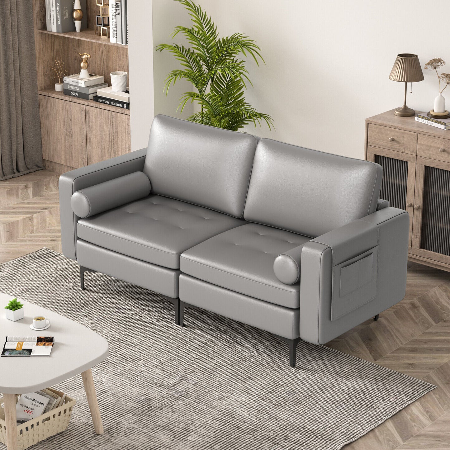 Modern Loveseat Sofa with 2 Bolsters and Side Storage Pocket-Light Gray