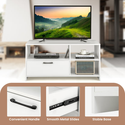 Modern Media Console Table with 3 Open Compartments and 1 Storage Drawer-White