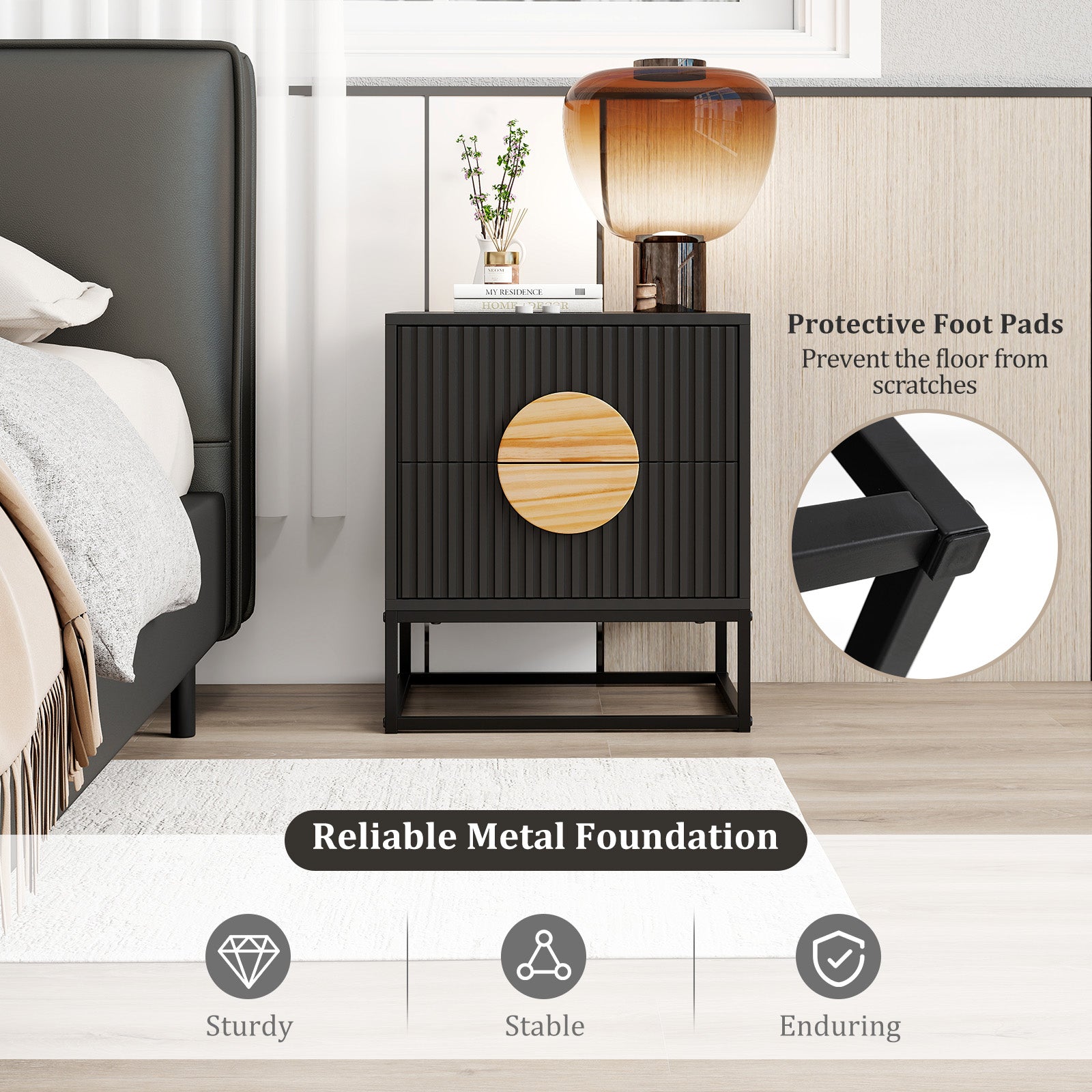 Modern Mid Century Fluted Nightstand with 2 Drawers and Pine Wood Handles for Bedroom-Black