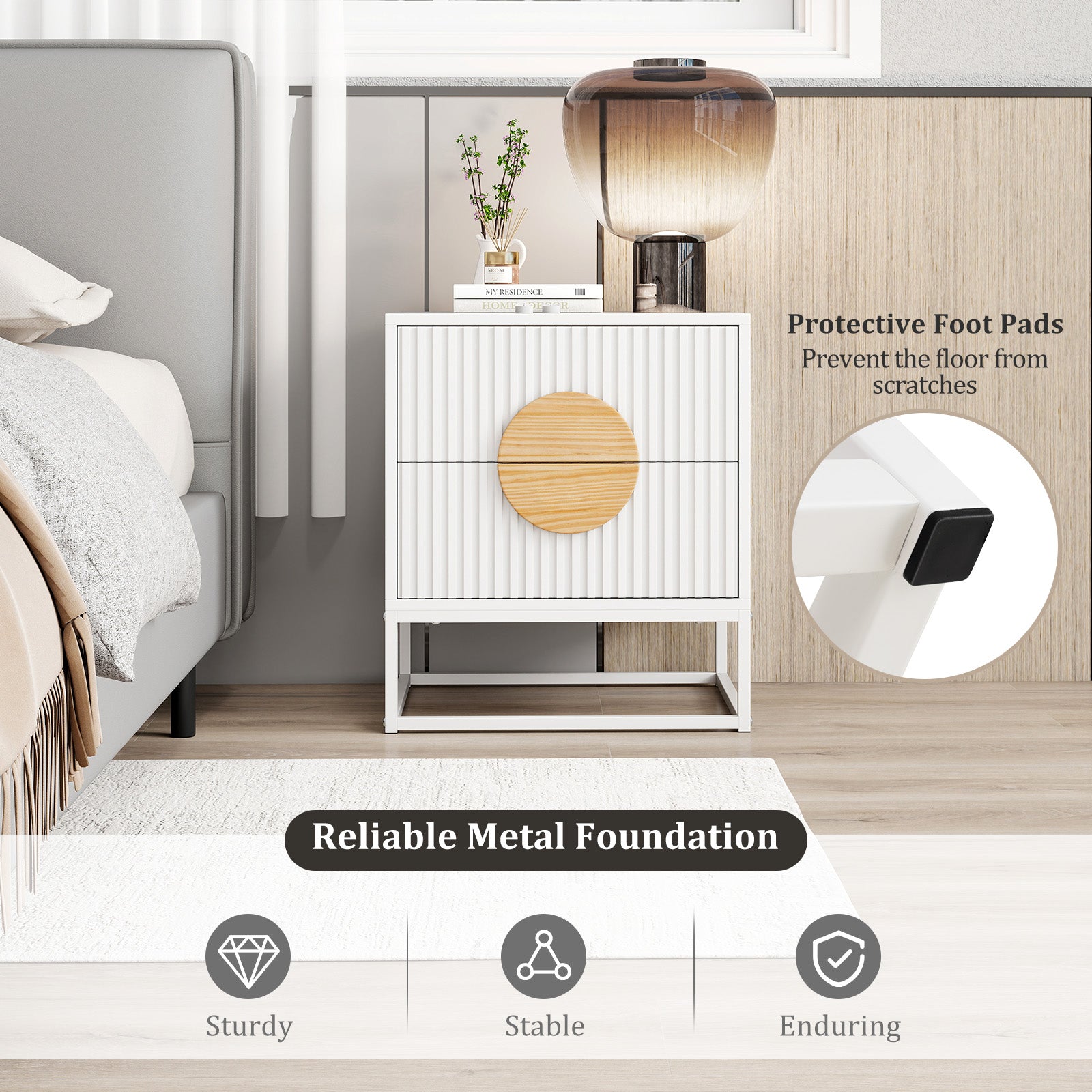 Modern Mid Century Fluted Nightstand with 2 Drawers and Pine Wood Handles for Bedroom-White