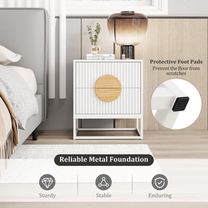 Modern Mid Century Fluted Nightstand with 2 Drawers and Pine Wood Handles for Bedroom-White