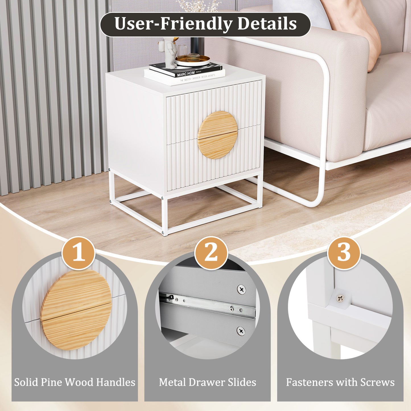 Modern Mid Century Fluted Nightstand with 2 Drawers and Pine Wood Handles for Bedroom-White