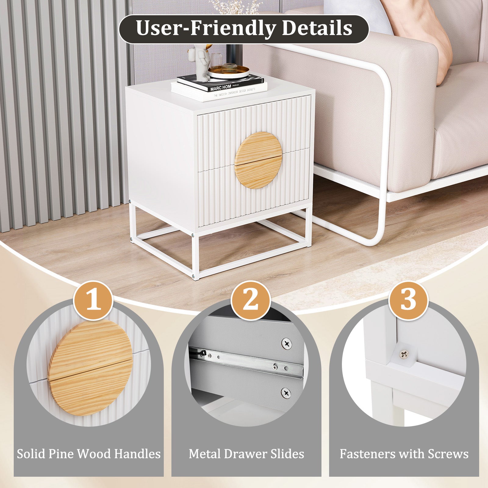 Modern Mid Century Fluted Nightstand with 2 Drawers and Pine Wood Handles for Bedroom-White