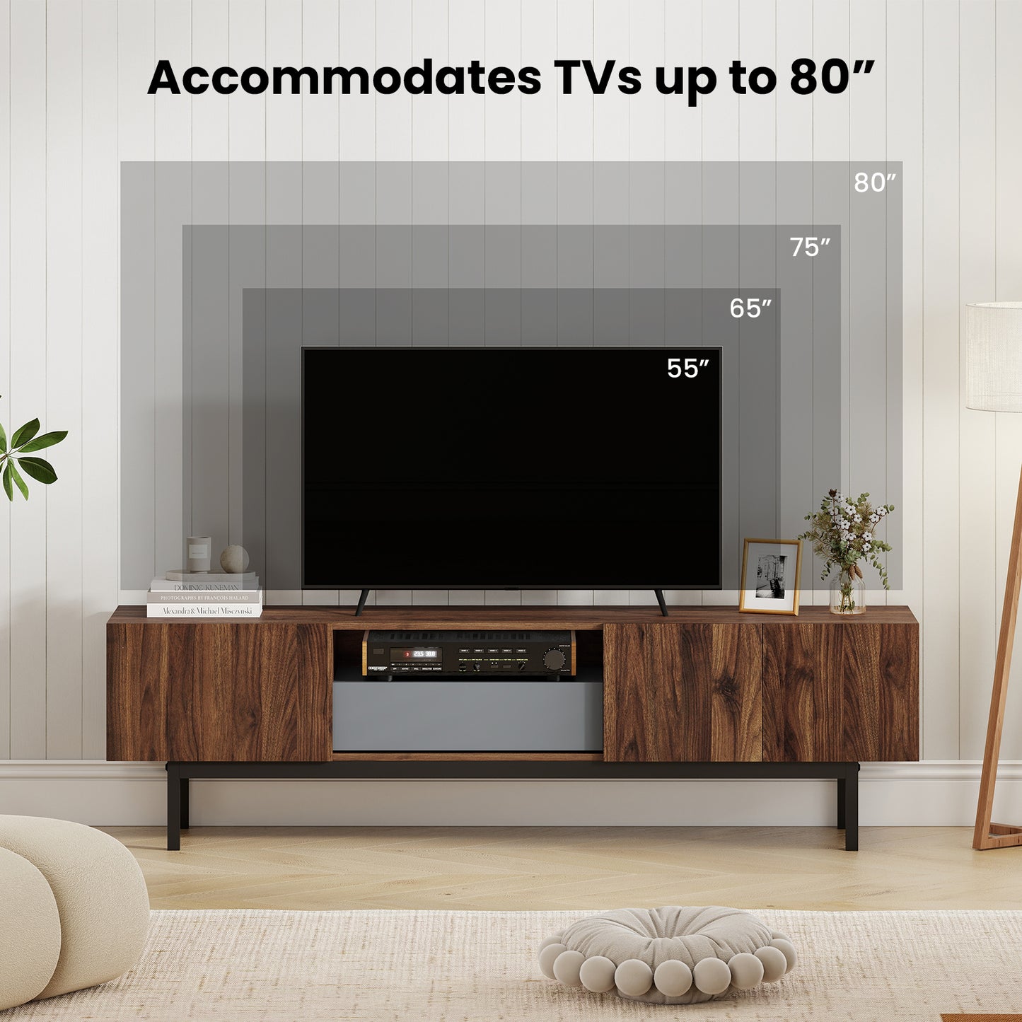Modern Mid Century TV Cabinetfor TVs up to 82" with Drawer-Walnut
