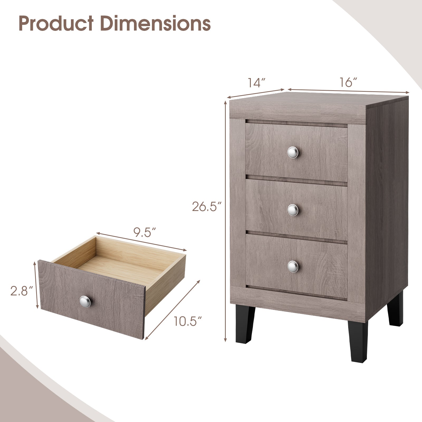 Modern Nightstand with 3 Drawers for Bedroom Living Room-Gray
