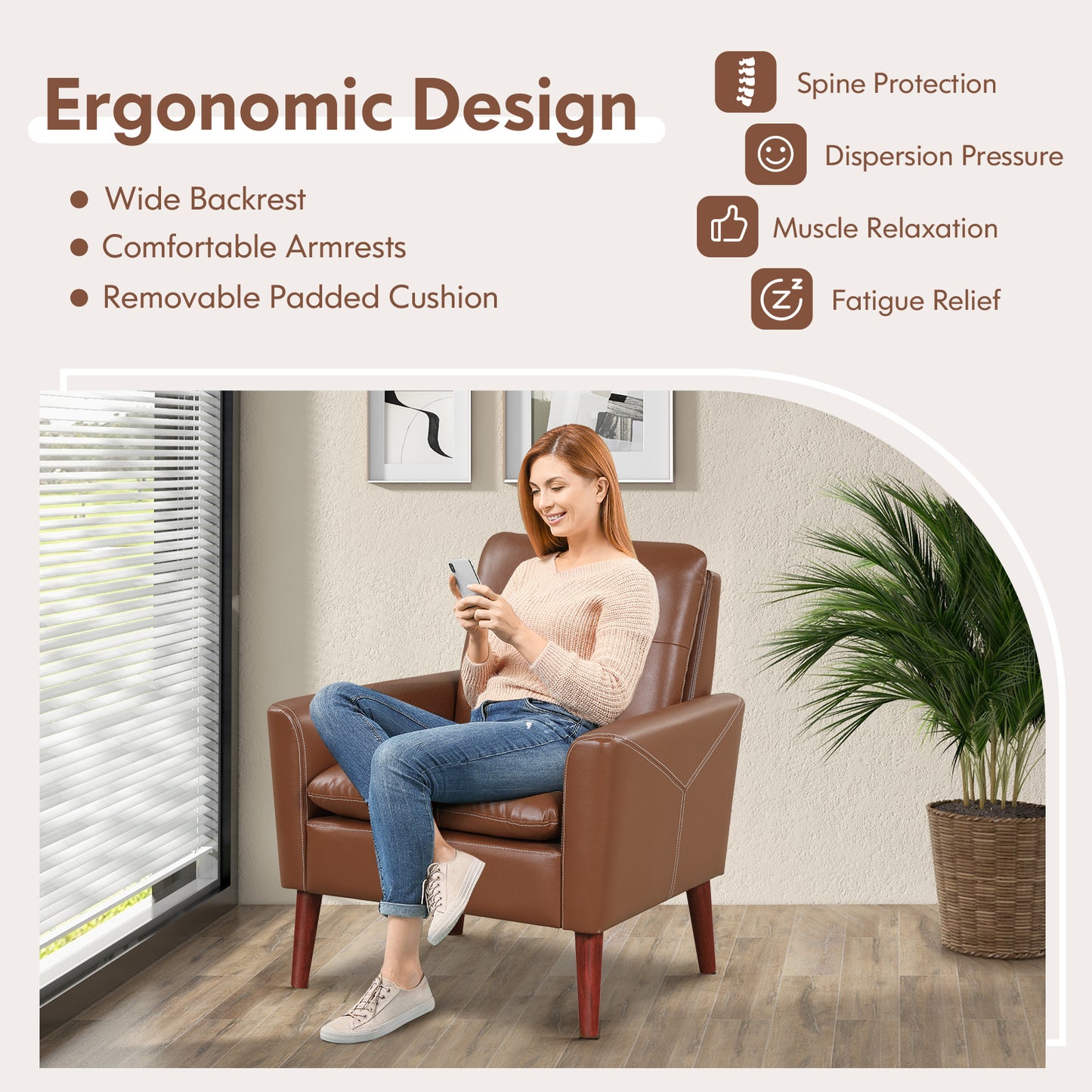 Modern PU Leather Accent Chair with Solid Wood Legs-Brown