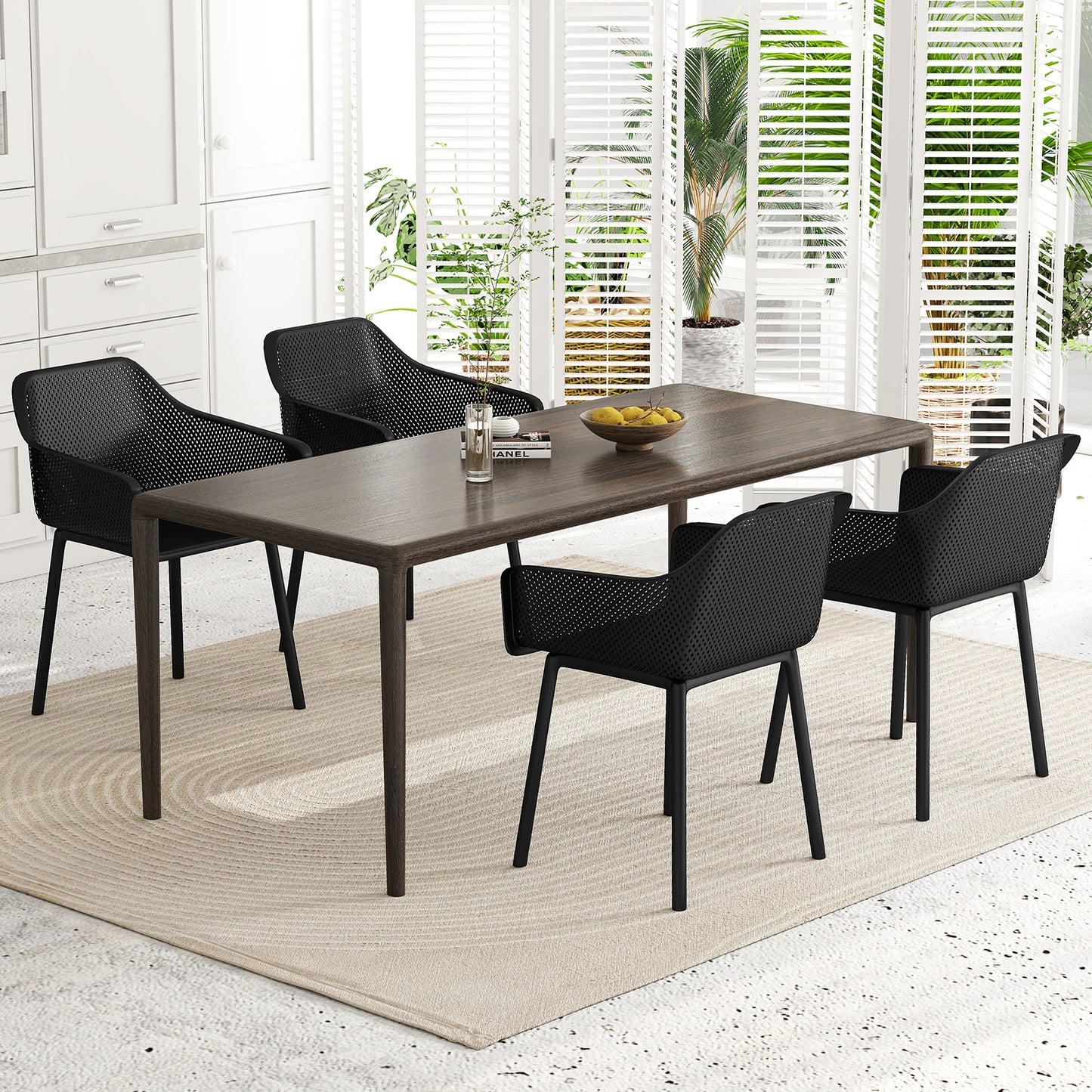 Modern Plastic Dining Chairs Set of 4 Kitchen Armchairs with Breathable Mesh Backrest-Black