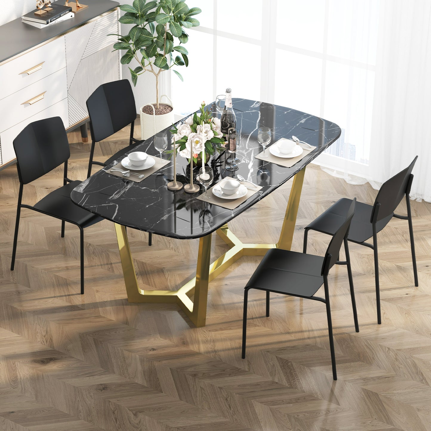 Modern Plastic Dining Chair Set of 2 with Metal Legs and Curved Back-Black