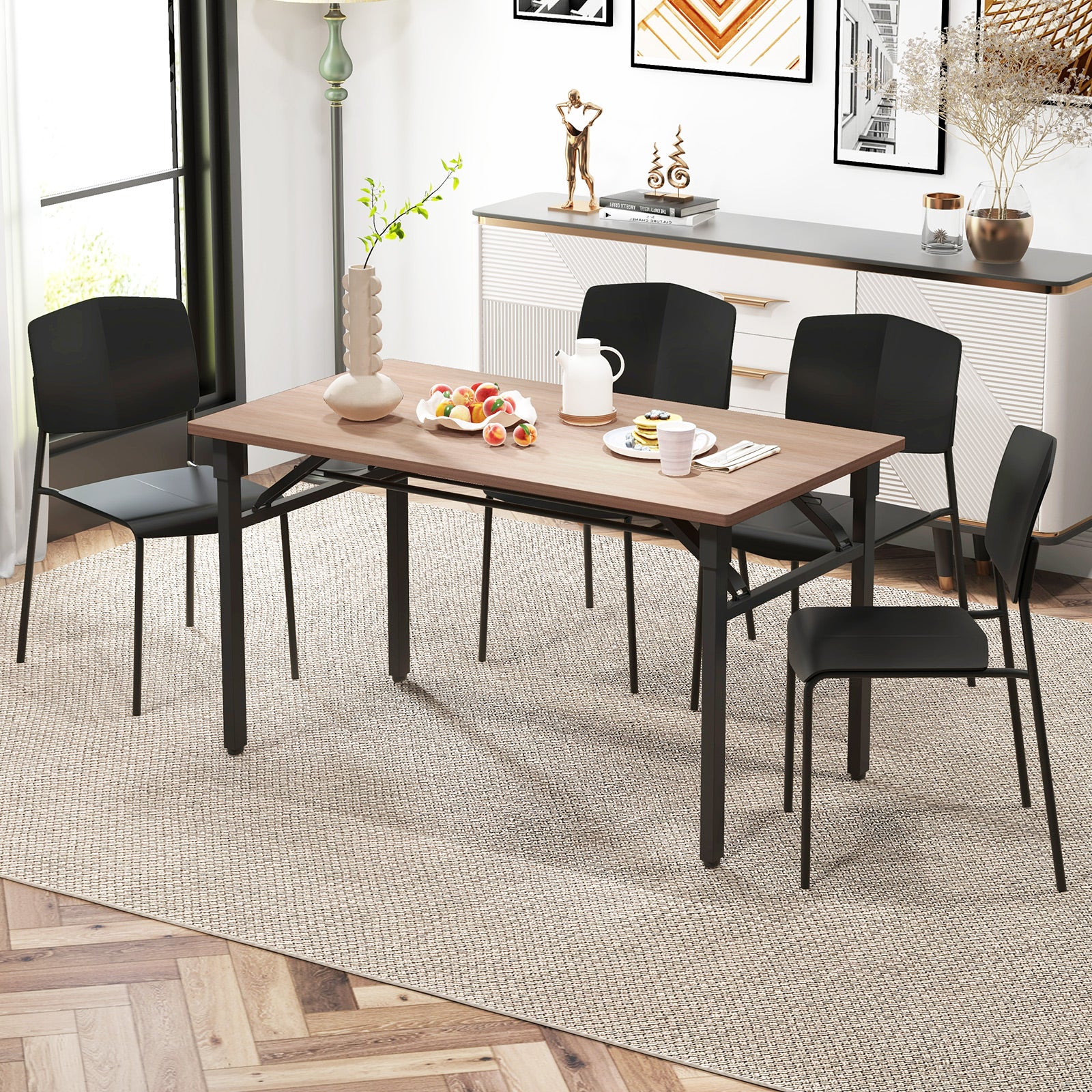 Modern Plastic Dining Chair Set of 2 with Metal Legs and Curved Back-Black