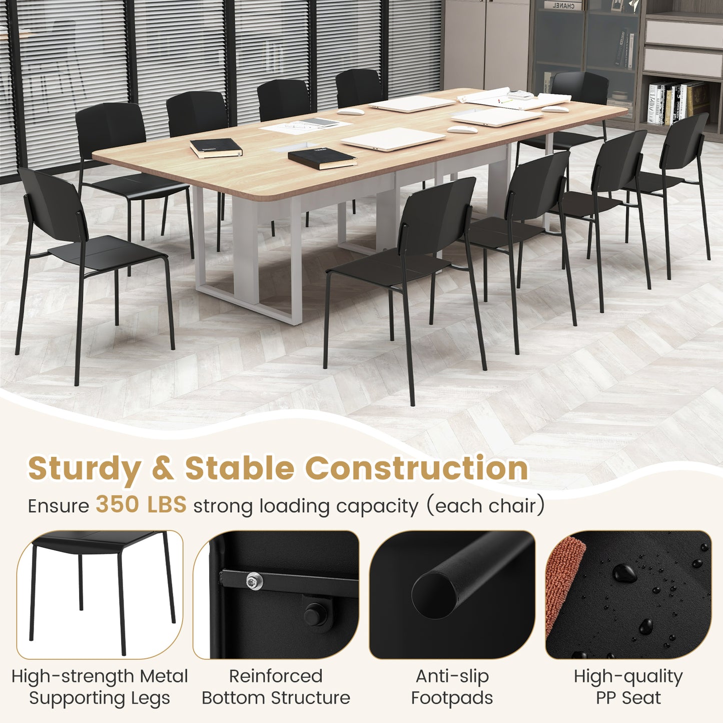 Modern Plastic Dining Chair Set of 2 with Metal Legs and Curved Back-Black