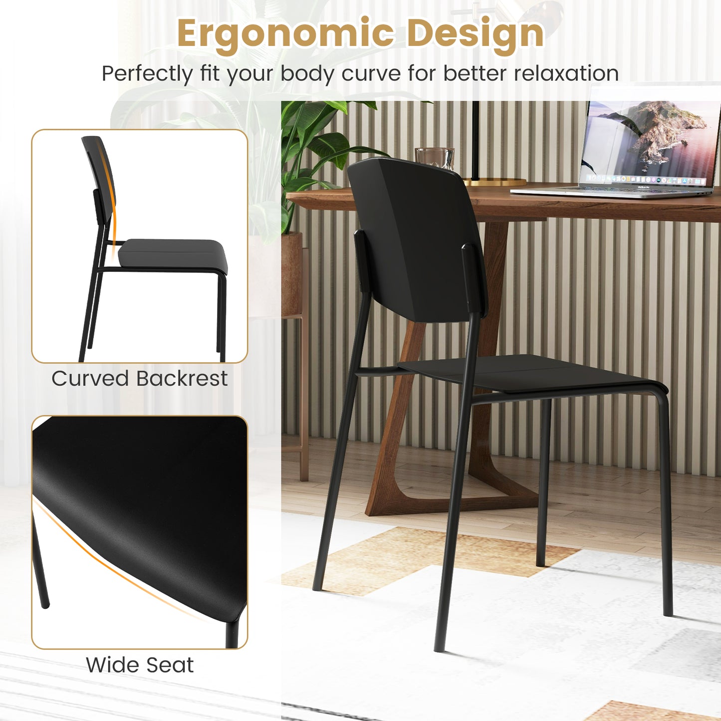 Modern Plastic Dining Chair Set of 2 with Metal Legs and Curved Back-Black