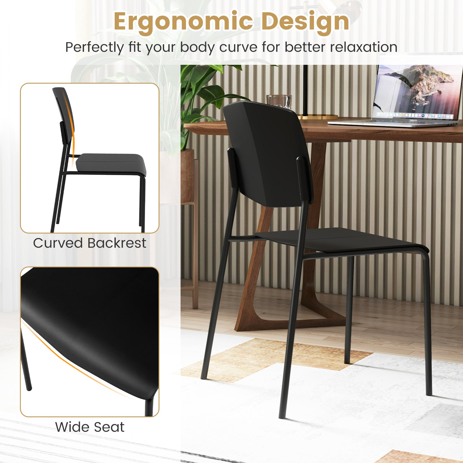 Modern Plastic Dining Chair Set of 2 with Metal Legs and Curved Back-Black