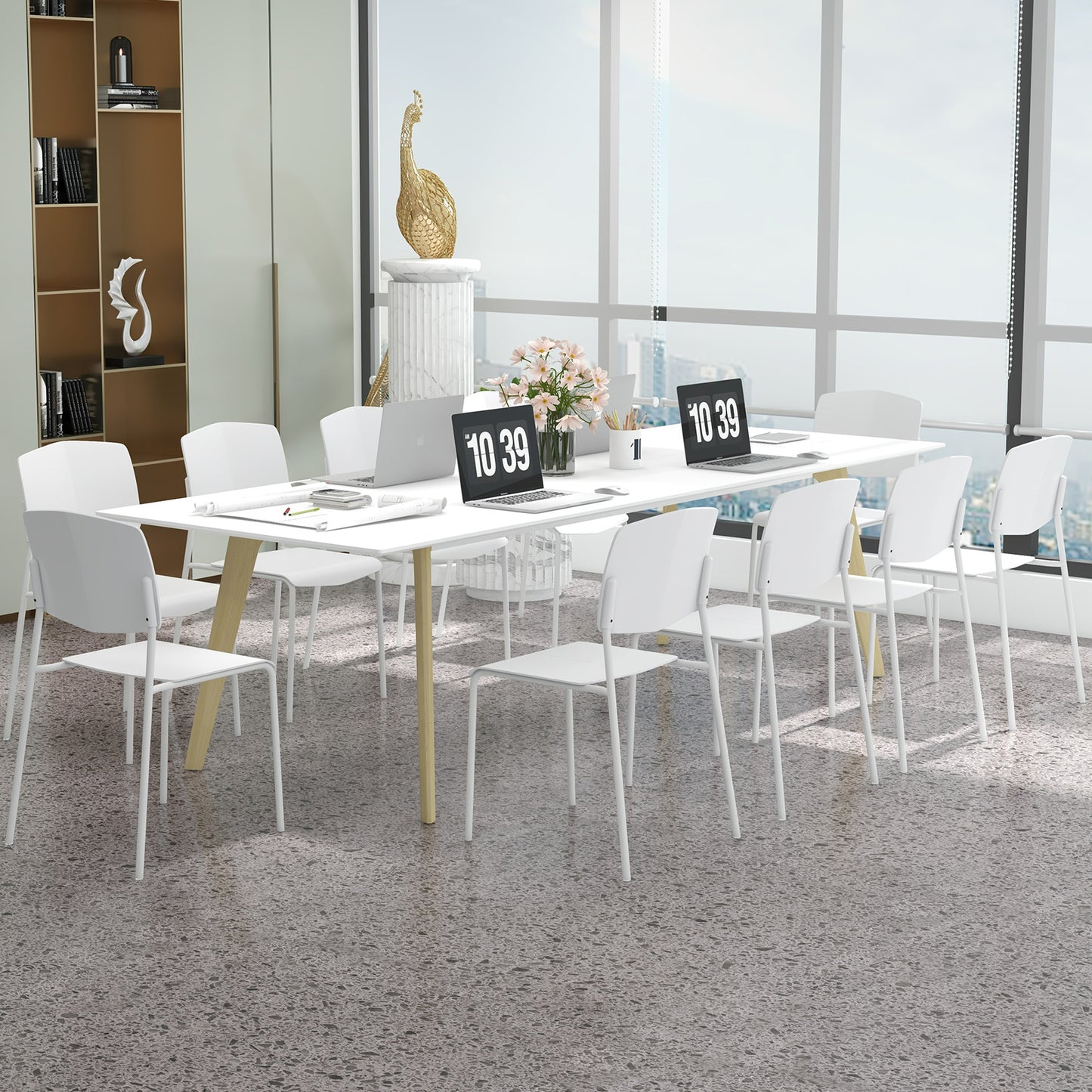 Modern Plastic Dining Chair Set of 2 with Metal Legs and Curved Back-White