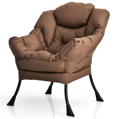Modern Polyester Fabric Lazy Chair with Steel Frame and Side Pocket-Beige - Brown