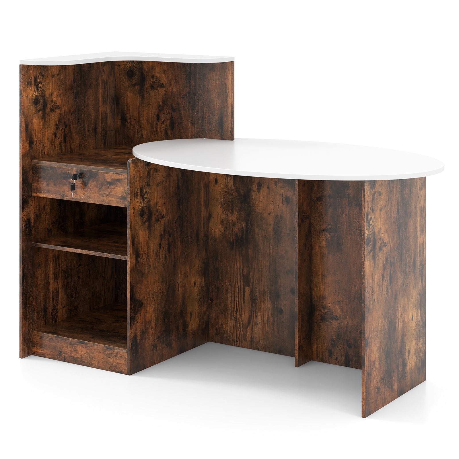 Modern Reception Desk Front Counter Desk with Oval Tabletop-Rustic Brown - Rustic Brown