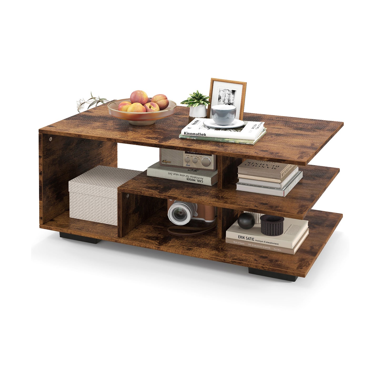 Rectangular Coffee Table with L-shaped Middle Shelf-Brown - Brown