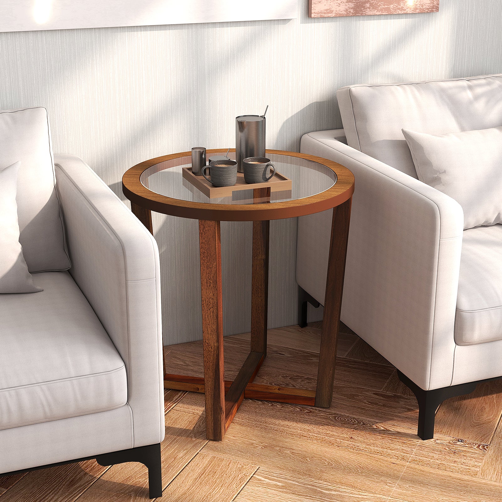 Modern Round End Table Sofa Side Table with Transparent Tempered Glass Top-Brown