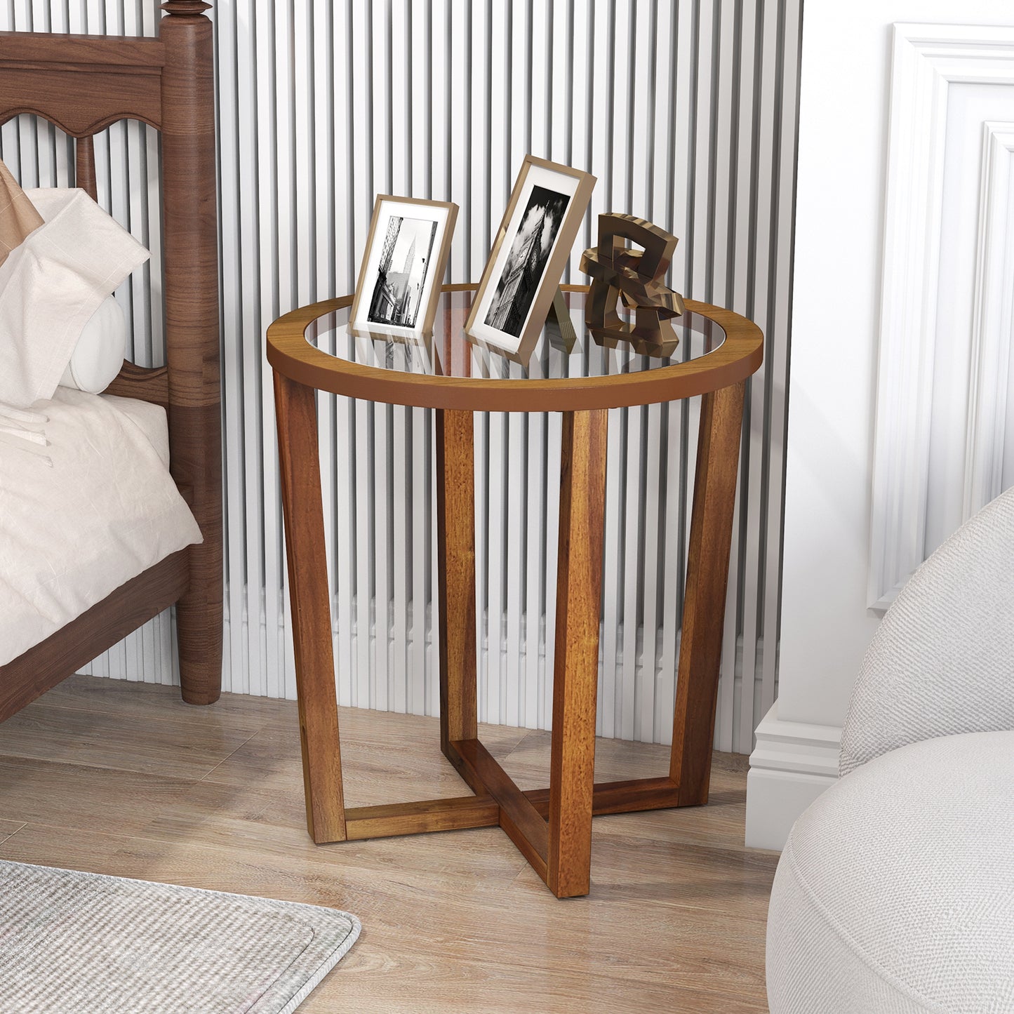 Modern Round End Table Sofa Side Table with Transparent Tempered Glass Top-Brown