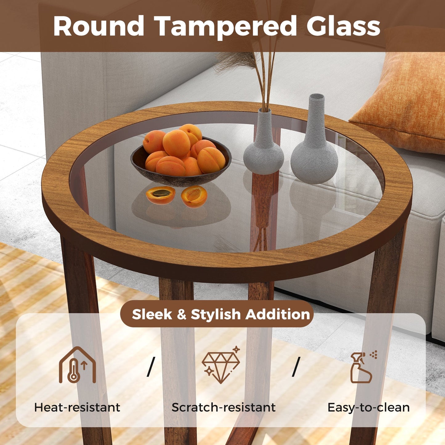 Modern Round End Table Sofa Side Table with Transparent Tempered Glass Top-Brown