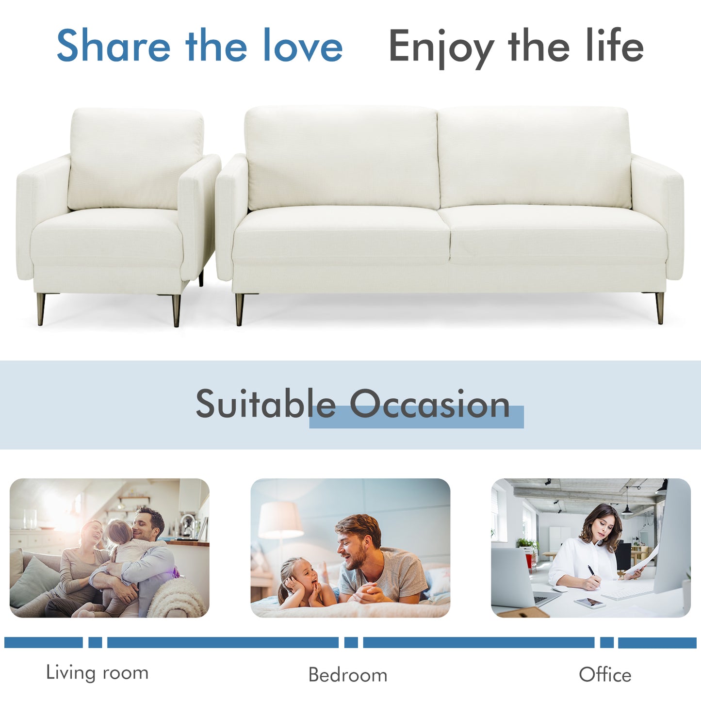 Modern Sofa Couch with Solid Metal Legs and Removable Backrest Cushion-White