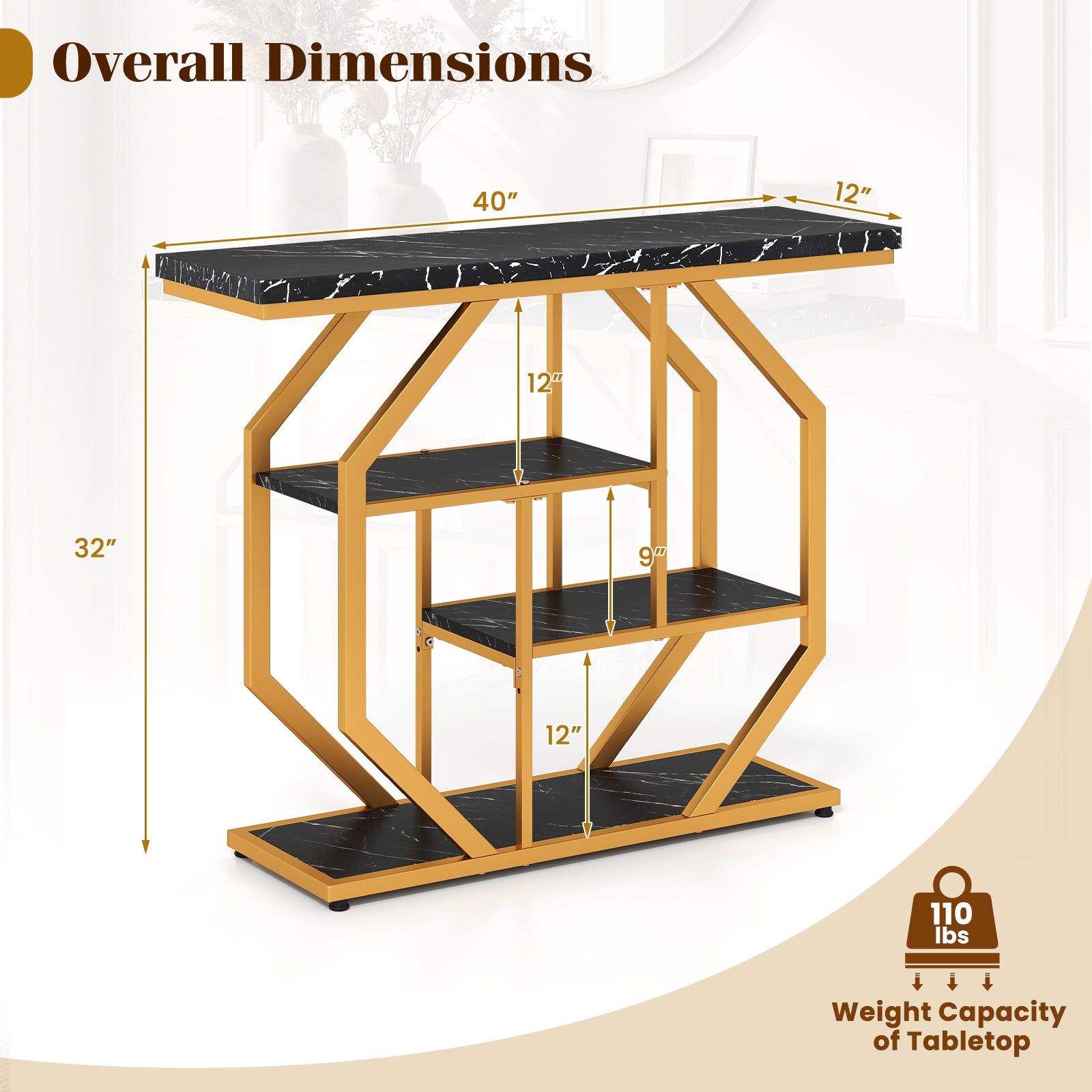 Modern Sofa Table Behind Couch 4-Tier Console Table with Faux Marble Tabletop-Black
