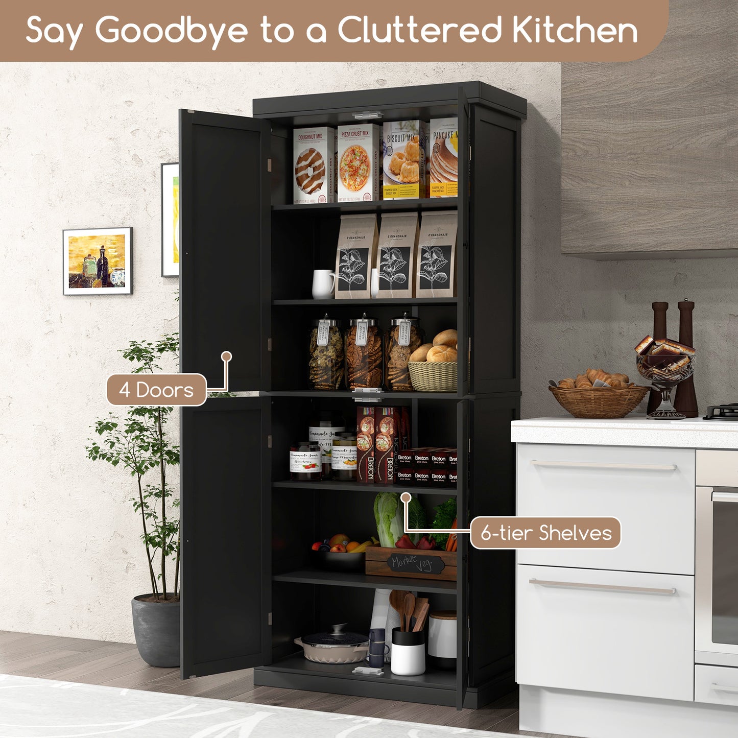 72.5 Inches Tall Buffet Cabinet with 6-Tier Shelves and 4 Doors-Black