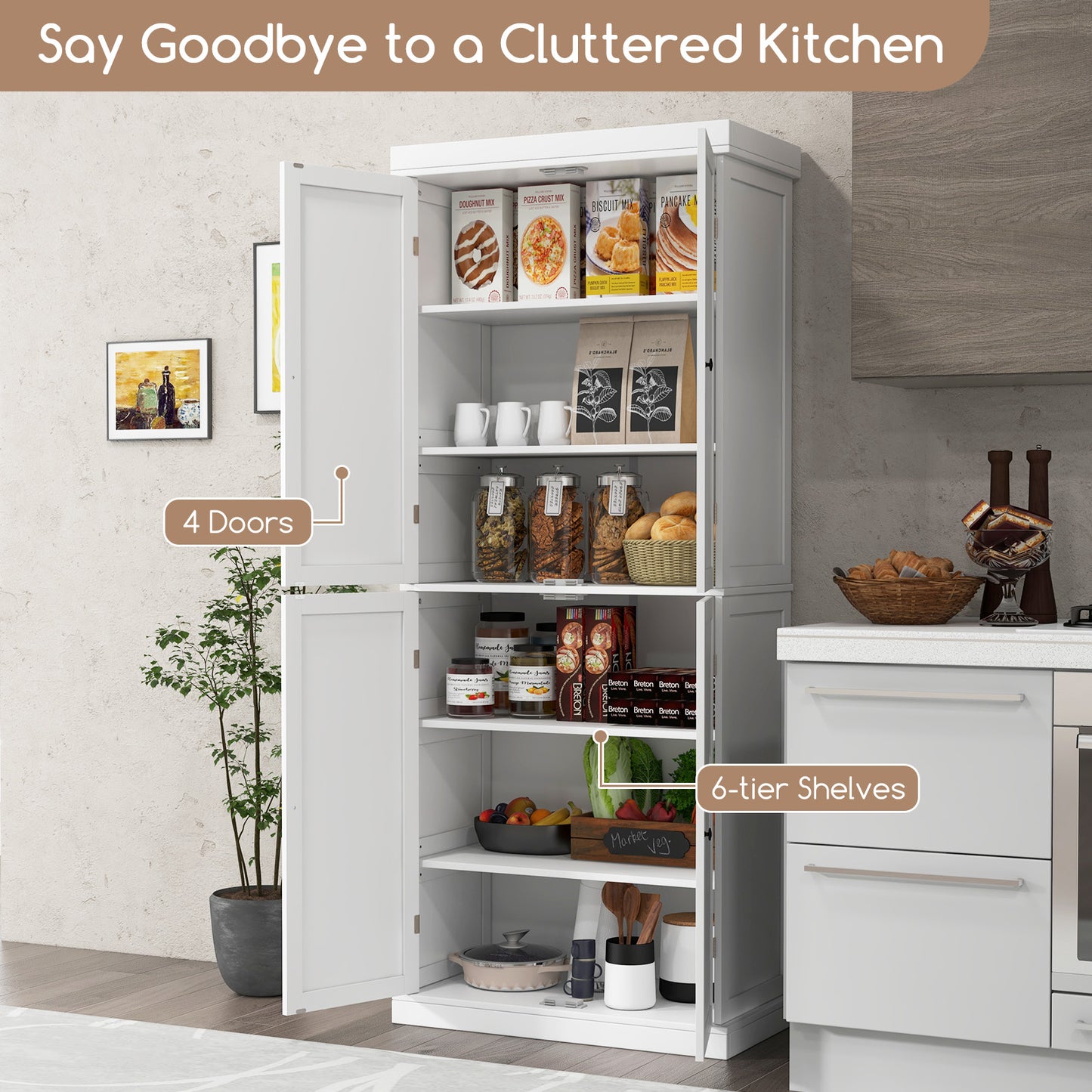 72.5 Inches Tall Buffet Cabinet with 6-Tier Shelves and 4 Doors-White