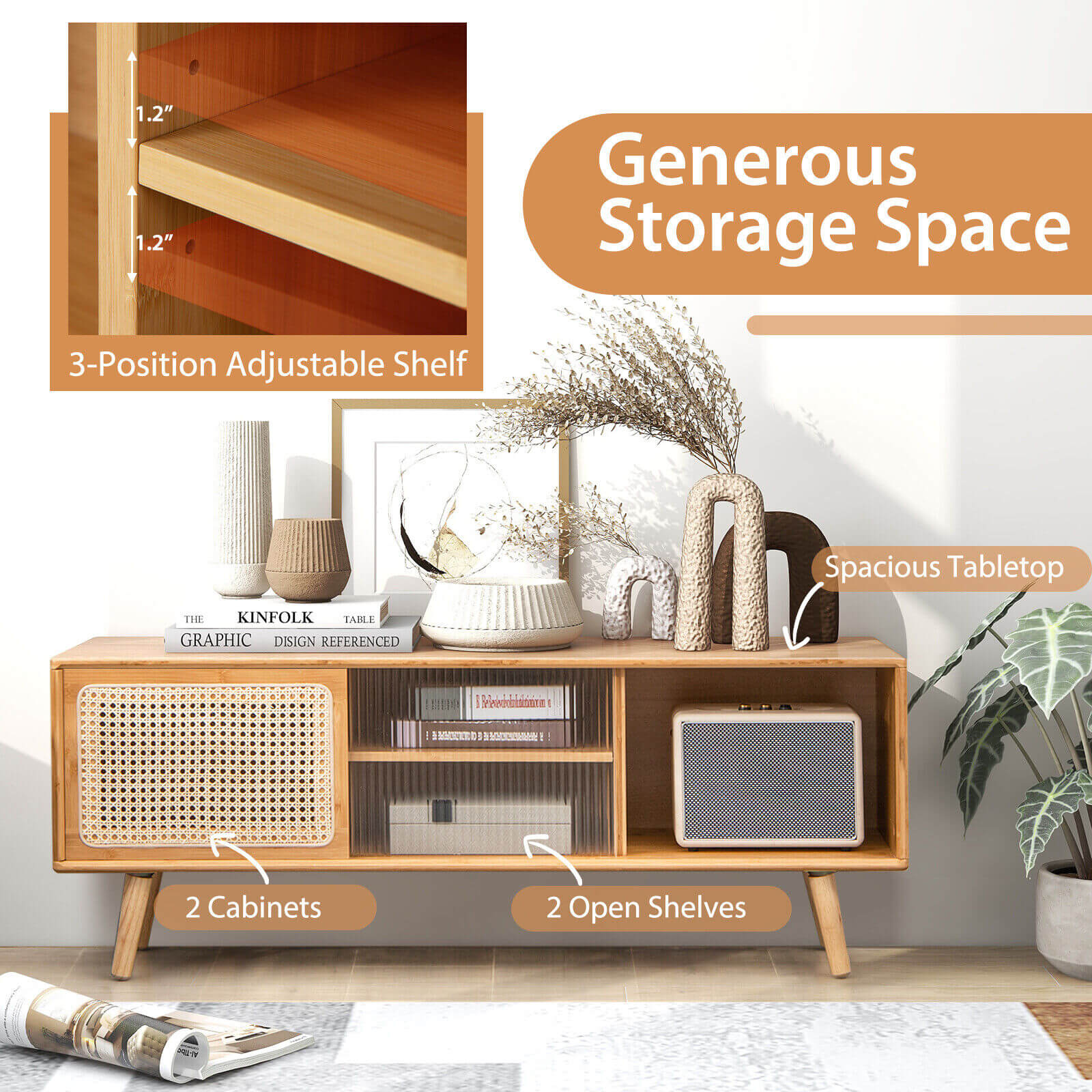 Modern TV Stand with Rattan Glass Sliding Doors-Brown - Natural