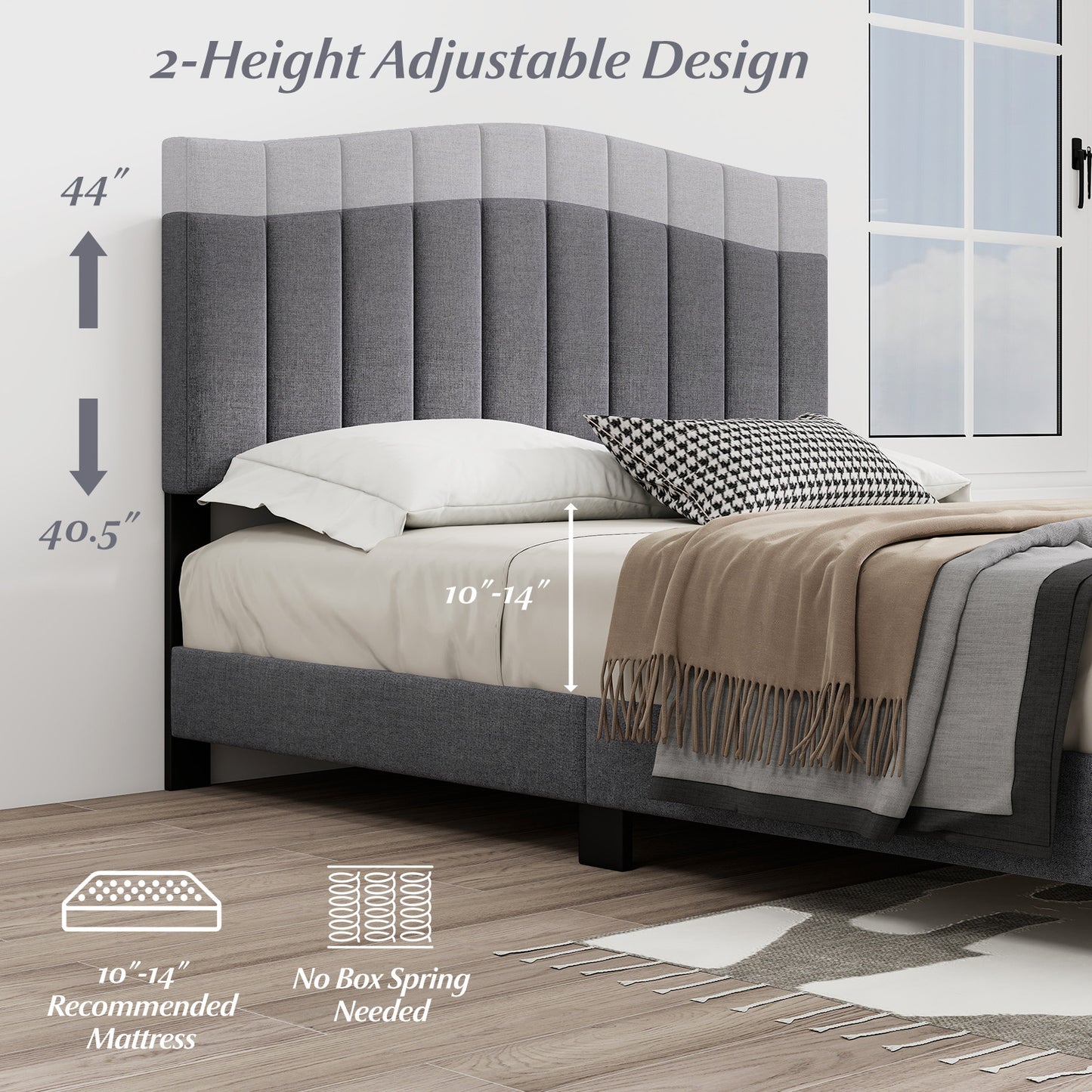 Modern Upholstered Bed Frame with Adjustable Vertical Channel Tufted Headboard-Queen Size