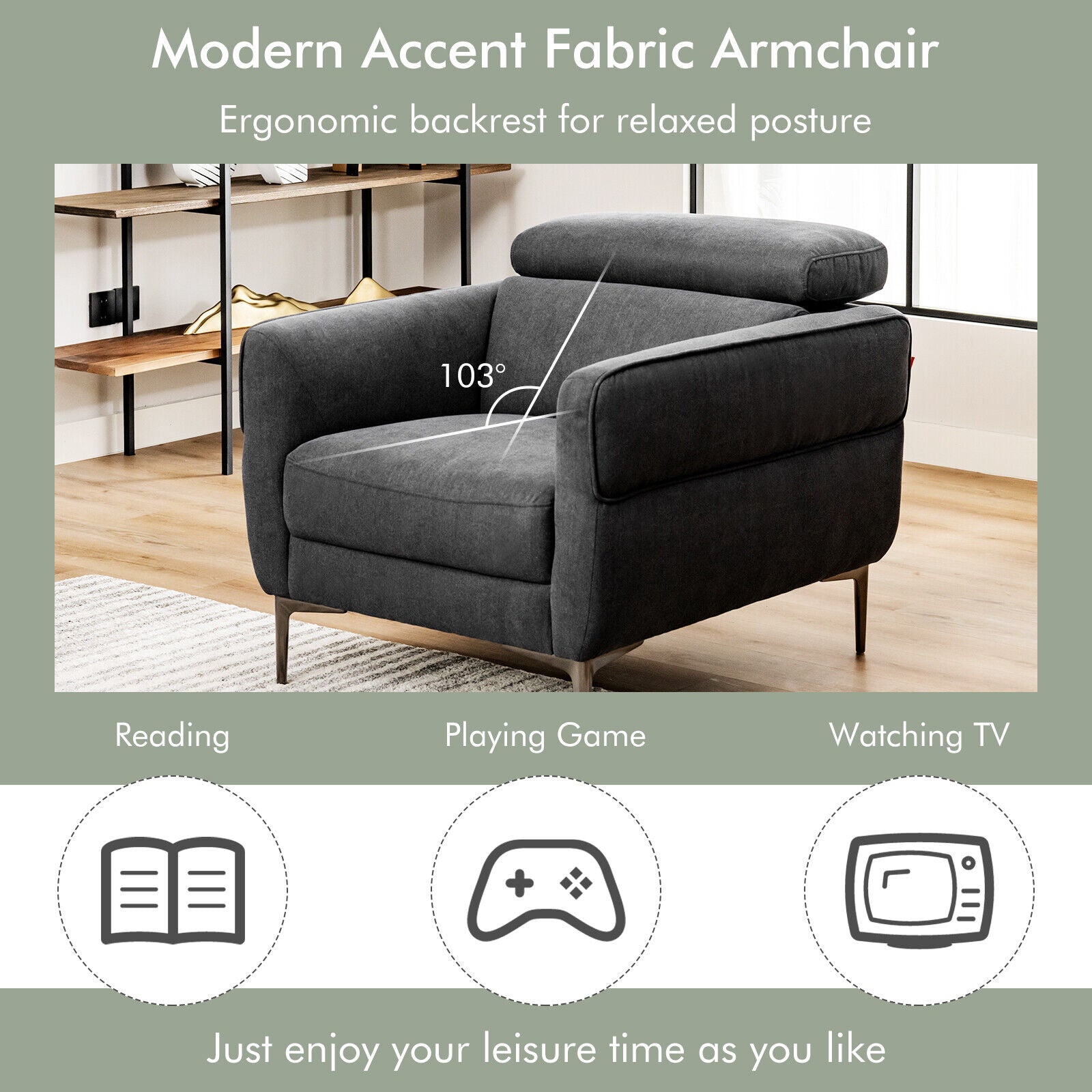 Modern Upholstered Single Sofa with Adjustable Headrest-Gray
