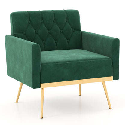 Modern Velvet Accent Chair with Button Tufted Back Golden Metal Legs and Adjustable Foot Pads-Pink - Turquoise